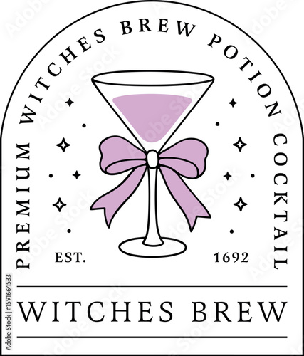 Witches brew cocktail Halloween party witch theme potion drink martini glass with bow illustration logo label sticker. Girls night magical witchy purple aesthetic decor poster print design clipart.