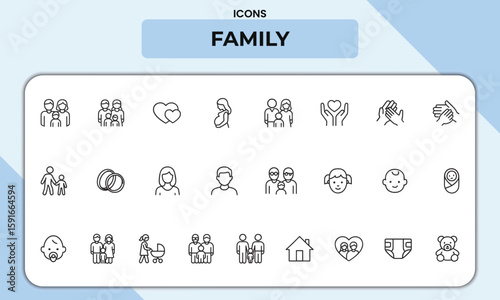 Family Line Icons Pack – Outline Symbols for Parents, Children, Baby Care & Relationships