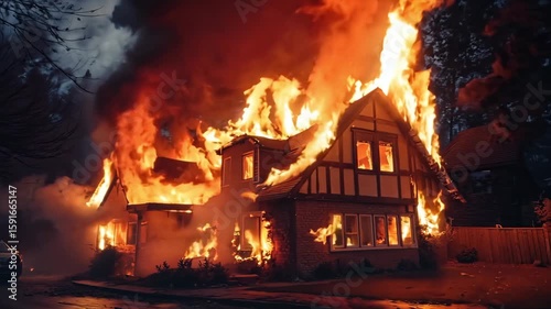 A house on fire with a car parked in front of it