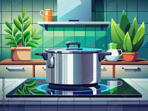 vector of A sleek stainless steel pot with a lid sits atop an induction cooktop in a contemporary kitchen, complete with green plants and modern appliances.