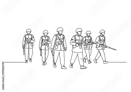 Army drawing. It is a black and white outline image depicting a group of soldiers in military uniform, carrying rifles and marching. Vector sketch line art draw.