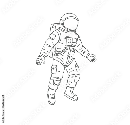 Astronaut drawing. It is a black and white outline image of an astronaut in a space suit, floating in what appears to be zero gravity. Vector sketch line art draw.