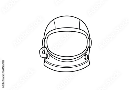Astronaut helmet drawing. It is a black and white outline image of an astronaut's helmet, representing essential space exploration equipment. Vector sketch line art draw.
