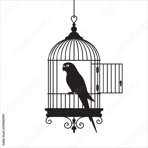Silhouette of a parrot perched inside an ornate birdcage with open door