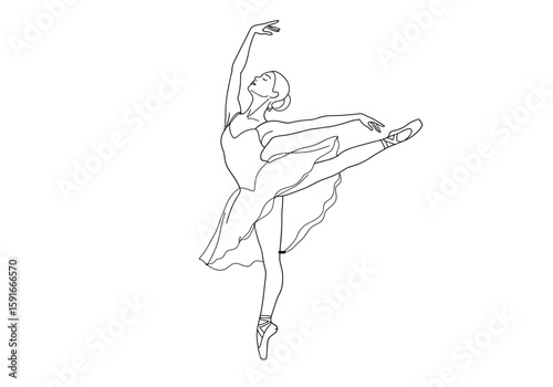 Ballerina drawing. It is a black and white outline image of a ballerina in a graceful ballet pose, wearing a tutu and pointe shoes. Vector sketch line art draw.