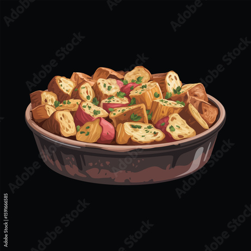 A delicious illustration of croutons and potatoes in a bowl set against a black background