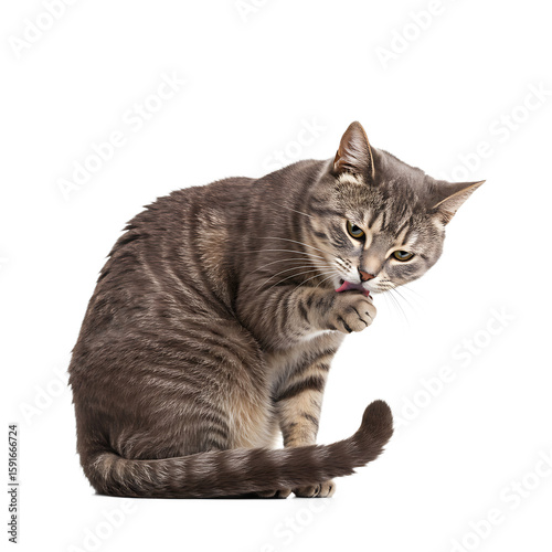 Domestic cat grooming itself in a playful pose on white background  