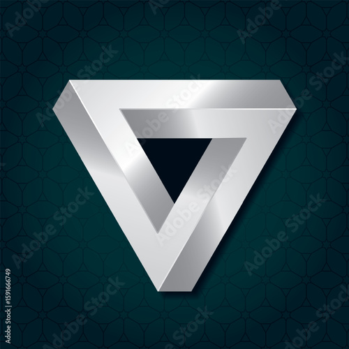 Mobius Triangle Loop Silver Metallic Style Impossible Geometric Figure - Chrome Isometric Object on Repeating Cube Pattern Wallpaper Background - Outline Graphic Design