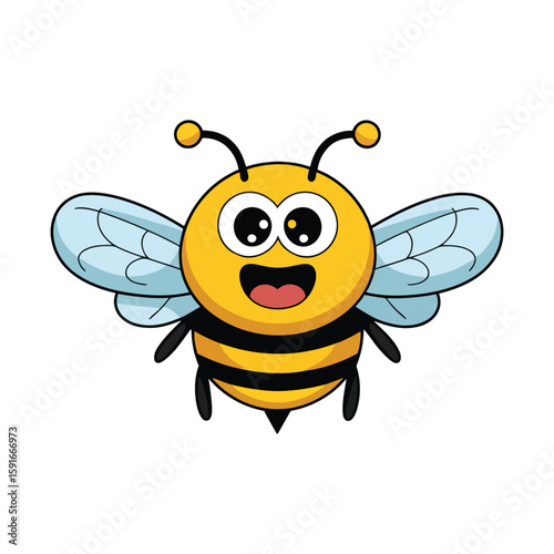 Adorable cartoon bee character smiling happy with striped body and blue wings isolated