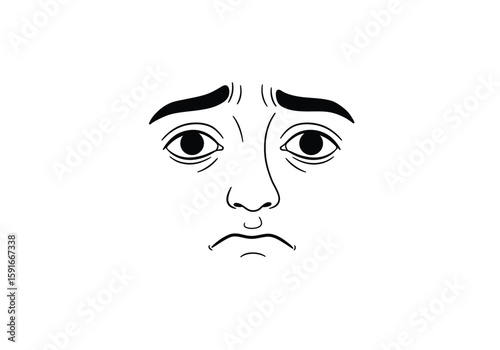 Anxious face drawing. It is a black and white outline image of an anxious or worried face, depicting a troubled human expression. Vector sketch line art draw.