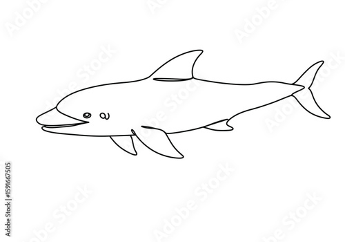 Aquatic animals drawing. It is a black and white outline image of a dolphin, representing a marine or aquatic animal. Vector sketch line art draw.