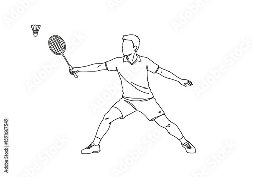 Badminton player drawing. It is a black and white outline image of a badminton player in an active pose, holding a racket with a shuttlecock. Vector sketch line art draw.