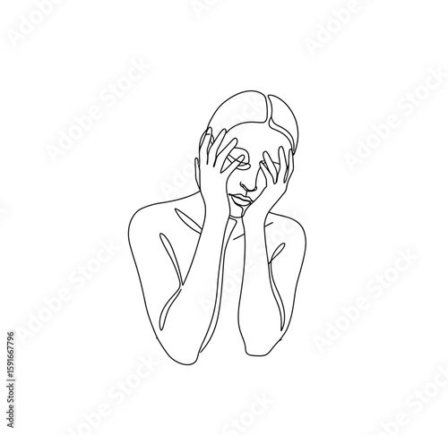 Deep anxiety drawing. It is a black and white outline image of a person with hands covering their face, conveying deep anxiety or distress. Vector sketch line art draw.