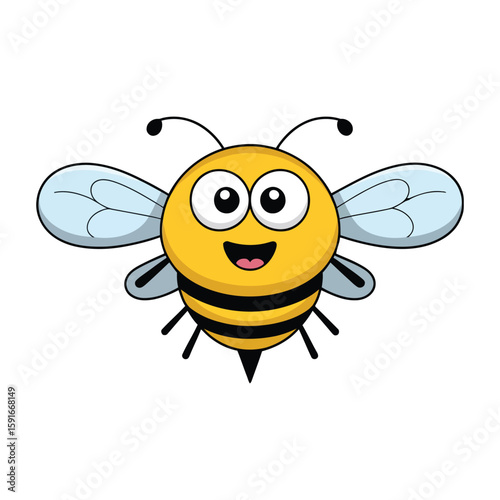 Cheerful cartoon bumble bee smiling with big eyes and cute wings isolated on white background