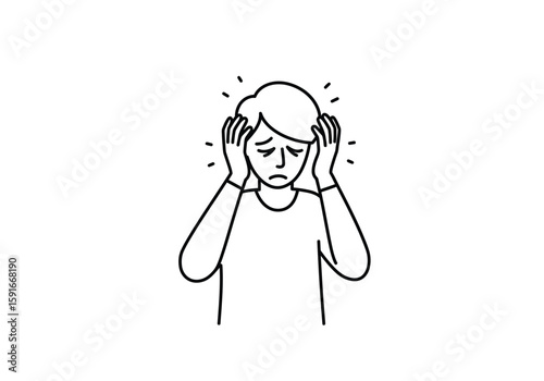 Agoraphobia drawing. It is a black and white outline image of a person holding their head, symbolizing anxiety and agoraphobia. Vector sketch line art draw.