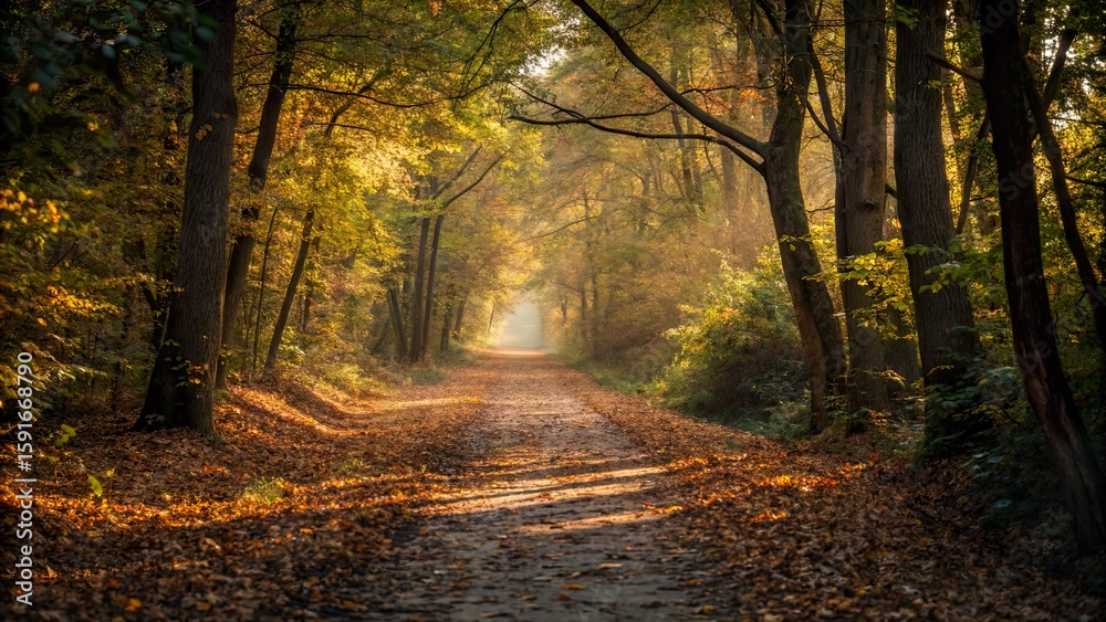 Obraz premium Serene forest pathway during autumn, showcasing vibrant foliage and soft sunlight filtering through trees