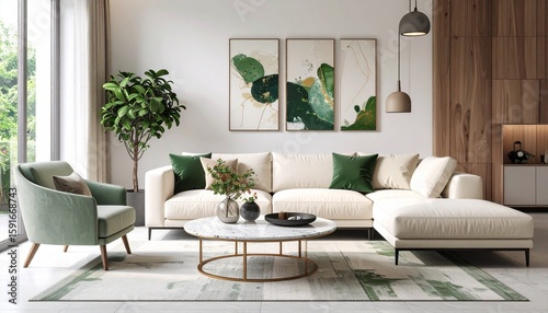 Modern living room with cream sectional sofa, green accents, and abstract art.