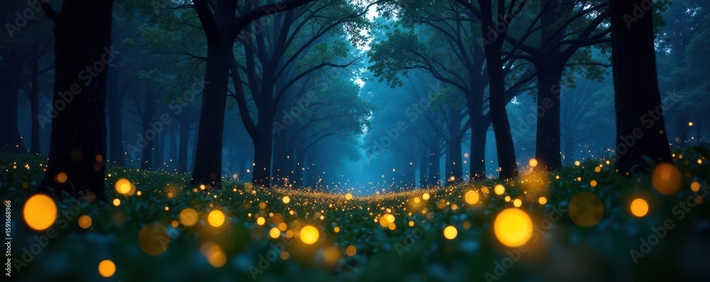 Fototapeta premium Glowing fireflies create ethereal light patterns amidst towering trees , beetles, art
