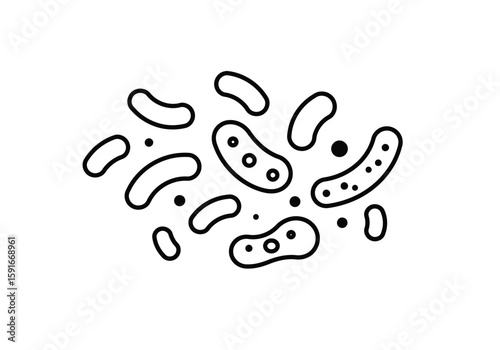 Probiotics drawing. It is a black and white outline image depicting a group of probiotic bacteria, beneficial microorganisms for gut health. Vector sketch line art draw.