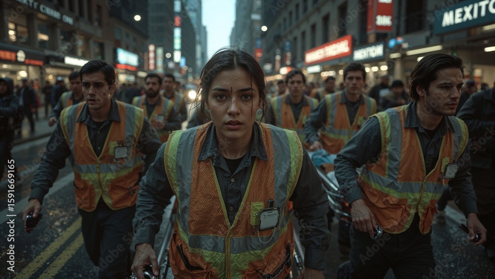 Obraz premium Leading female paramedic pushing stretcher along city street with safety vests radios and badges