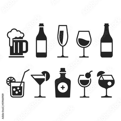 Collection of various alcoholic beverages and cocktails silhouettes in black and white vector