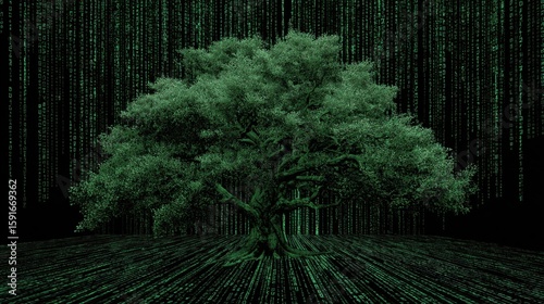 Energy-filled digital tree growing on a matrix-themed background