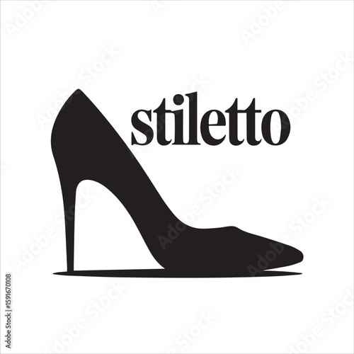 Elegant black silhouette of a stiletto heel shoe with the word stiletto