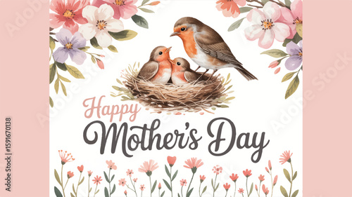 Watercolor robin bird with chicks in nest and flowers