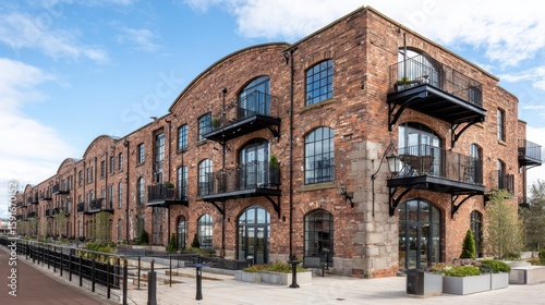 Industrial-inspired apartment block with rough brick texture and metal balcony rails