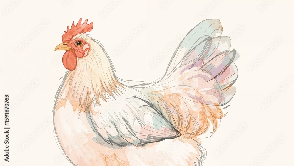Fototapeta premium Displaying stylized white chicken facing left on pale cream artboard, pastel feather accents