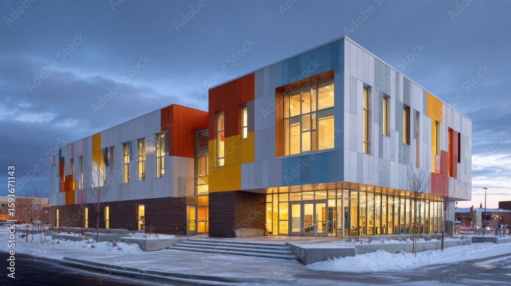 Fototapeta premium Urban school building with colorful external panels and large classroom windows