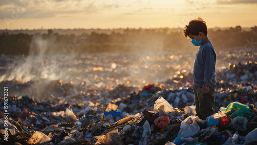 A sad child wearing a face mask standing in a landfill filled with trash