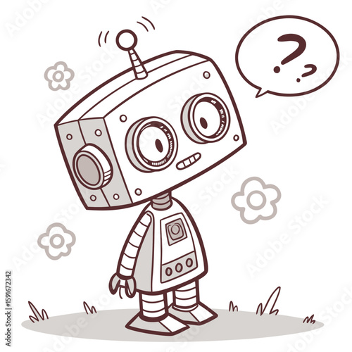 A confused cartoon robot with a question mark speech bubble vector