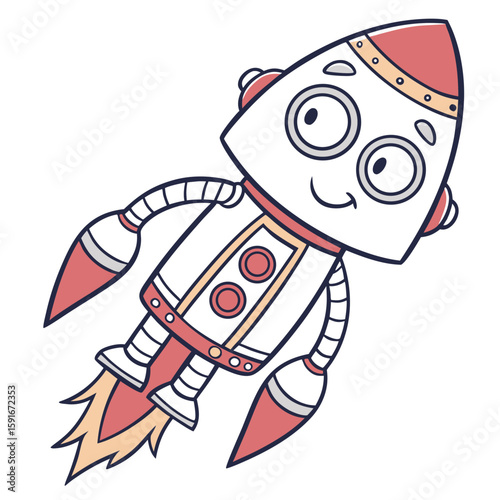 A cute cartoon rocket ship flying with fire and stars vector