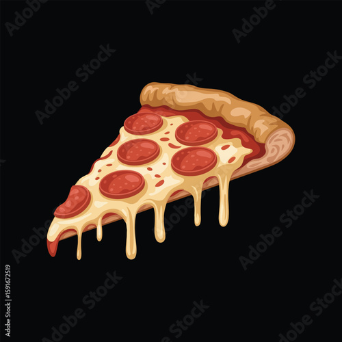 Delicious slice of pepperoni pizza with melting cheese on a black background
