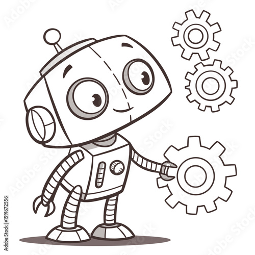 A cute cartoon robot holding a gear with other gears nearby vector
