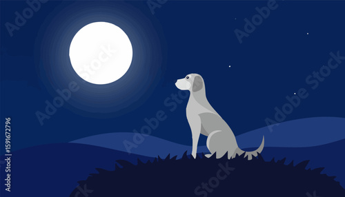 Grey Dog Looking at the Moon in Night Sky