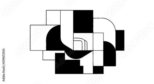 Abstract geometric design composed of interlocking shapes in black and white.