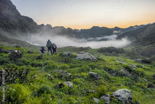 Hiking in the mountains. Group of hikers