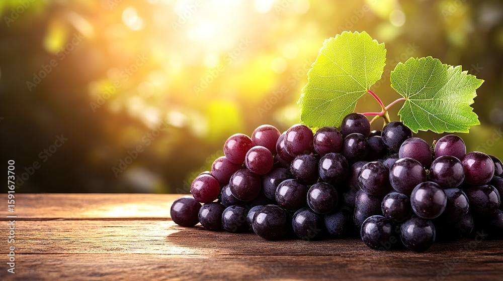 Sunlit Red Grapes on Wooden Table, Vineyard Background Sunlit Red Grapes on Wooden Table, Vineyard Background