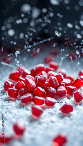 Frozen Pomegranate Seeds With Frost Crystals On Glass Surface