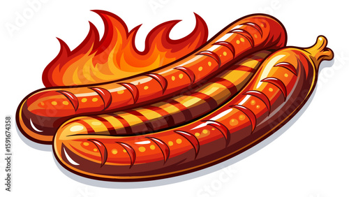 Grilled sausage links with a slight char line and juicy casing placed diagonally on white background. The reddish-brown glow adds flavor-rich realism to a traditional meat-themed vector piece.