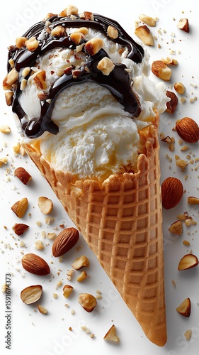 Ice cream cone on white background with single waffle cone topped with vanilla soft serve ice cream, dark chocolate sauce and nuts. Scattered chopped nuts are all around. The photo should be free of 