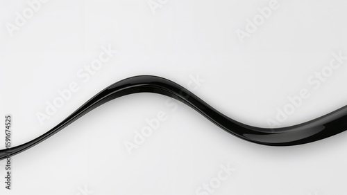 Undulating glossy black ribbon form moving across white studio surface, reflecting subtle light