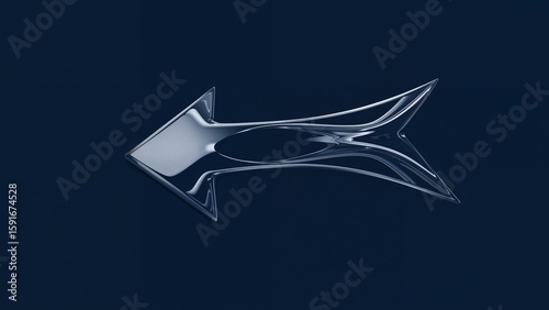 Shining abstract arrow sculpture floating on navy blue gradient plane, with mirror-like reflections