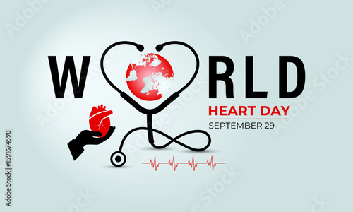 Vector graphic of World heart day with red heart  background template. A concept for healthcare and medicine. Realistic ribbon Pulse line with heartbeat monitor. Banner poster, social media design.