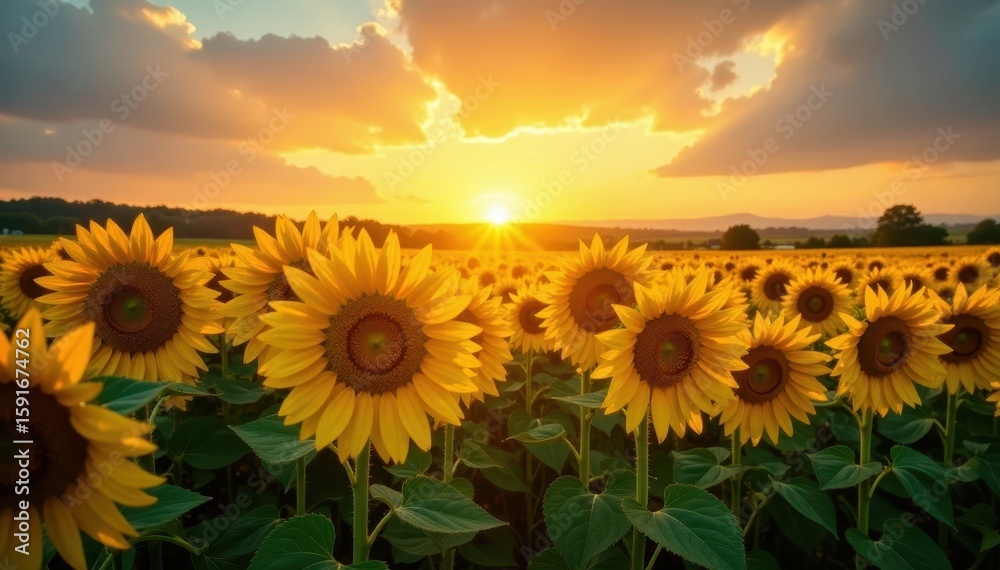 Fototapeta premium Golden hour sunset bathes vast sunflower field in warm light , field, rural, beauty