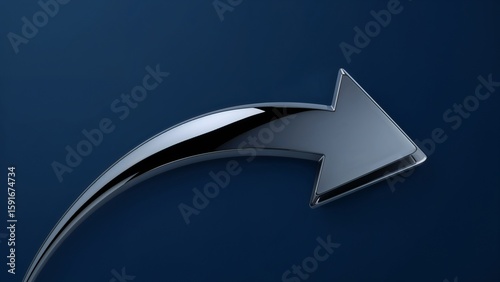 Arching curved metallic arrow sweeping across digital studio backdrop, with chrome-like reflections