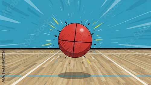 Hovering red basketball floating above court floor at gymnasium, with white and blue court lines