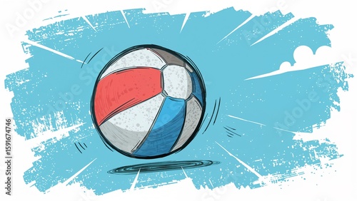 Showing red white blue striped ball bouncing over light-blue brushstroke background, motion lines